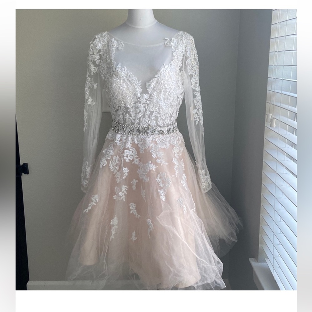 Jovani midi long sleeve wedding dress in white/nude